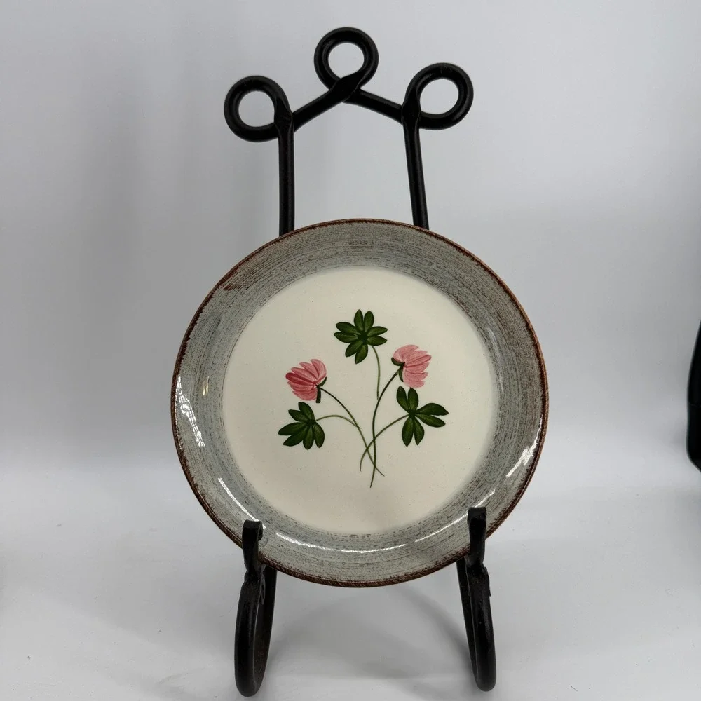 Blue Ridge Stoneware Small Plates Set 2 Handpainted Clover Floral Gray Brown Rim